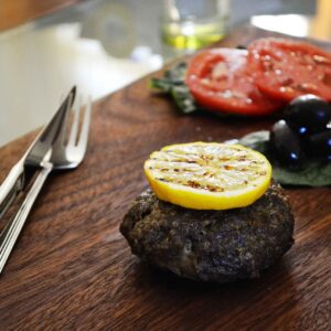 food, burger, beef, grill, bifteki, greek food, lemon, grilled, tomato, olives, vegetables, salad, meat, hamburger, fast, delicious, american, unhealthy, cuisine, fastfood, brown meat, brown lemon, brown burger